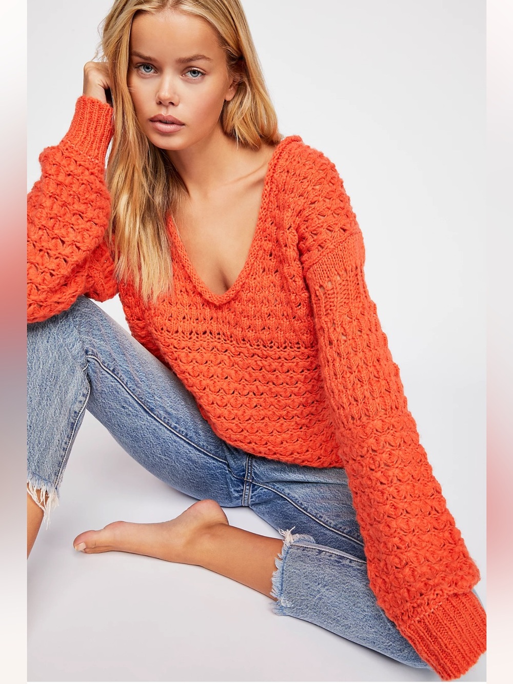 Free People Crashing Waves Orange Sweater Small Wool Blend Slouchy Open Weave